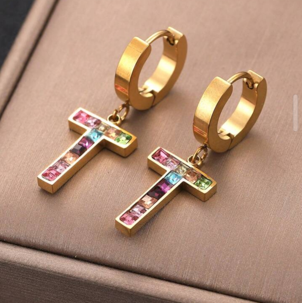 🆕 Stainless steel Colorful Rhinestone Letter T Decor Charm Earrings